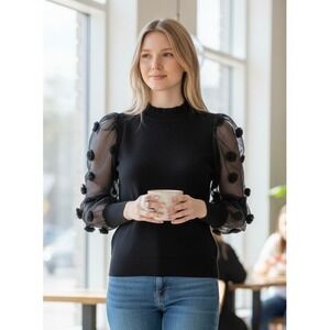 Haute Rogue Womens‎ Pom Pom Sweater Mock Neck Sheer Puffy Sleeve Black